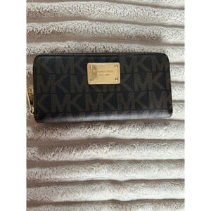 Michael Kors Signature Brown MK Logo Zip Around Continental Wallet Gold Hardware
